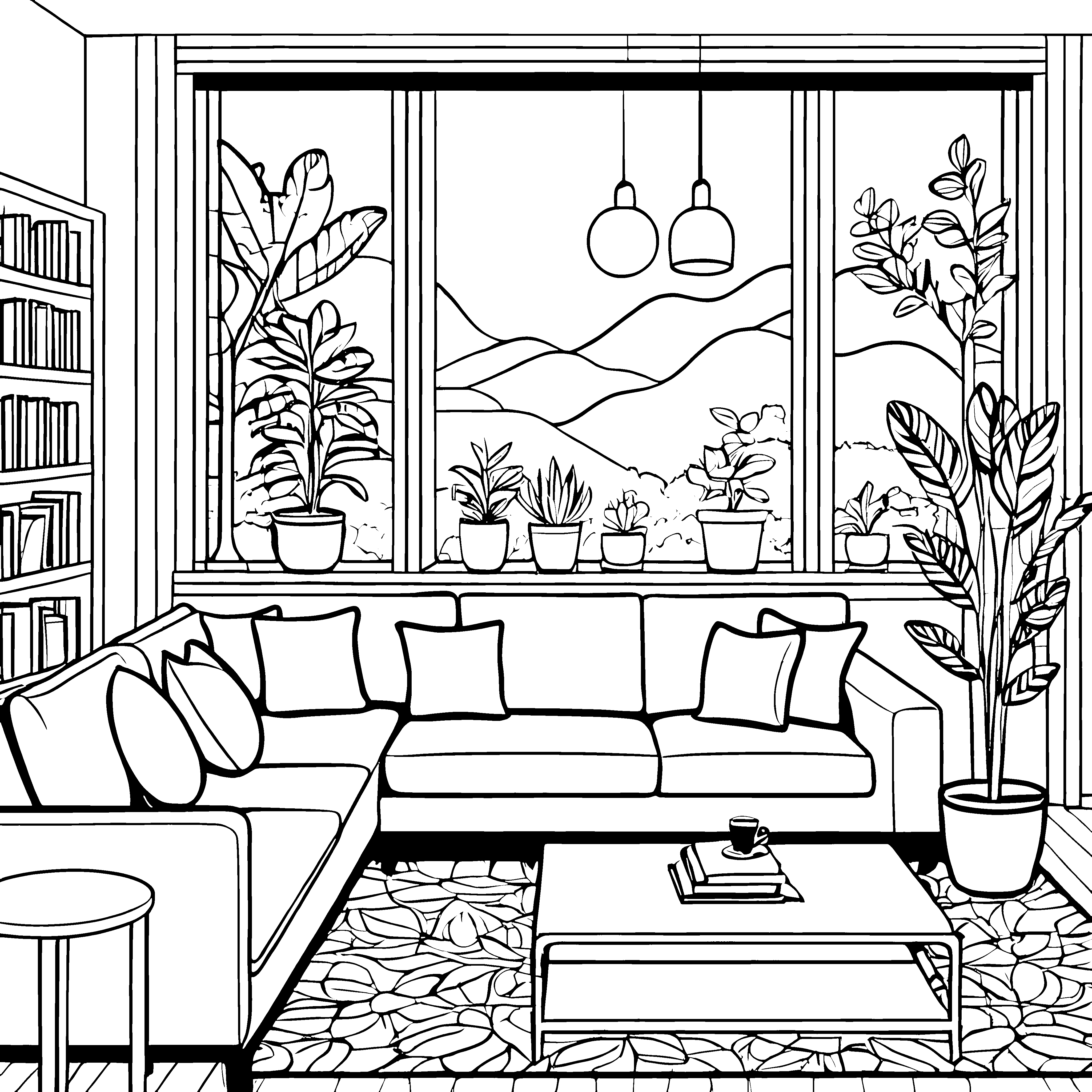 Gemütliches Wohnzimmer mit Pflanzen und Ausblick Malvorlage für kreative Entdecker