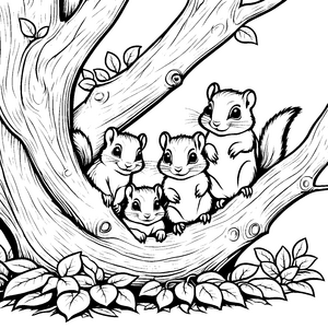 Verspielte Flughörnchen-Babys auf einem Baum Ausmalvorlage für kleine Naturfreunde