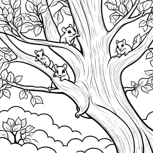 Süße Flughörnchen-Babys im Baum Ausmalvorlage für junge Naturfreunde