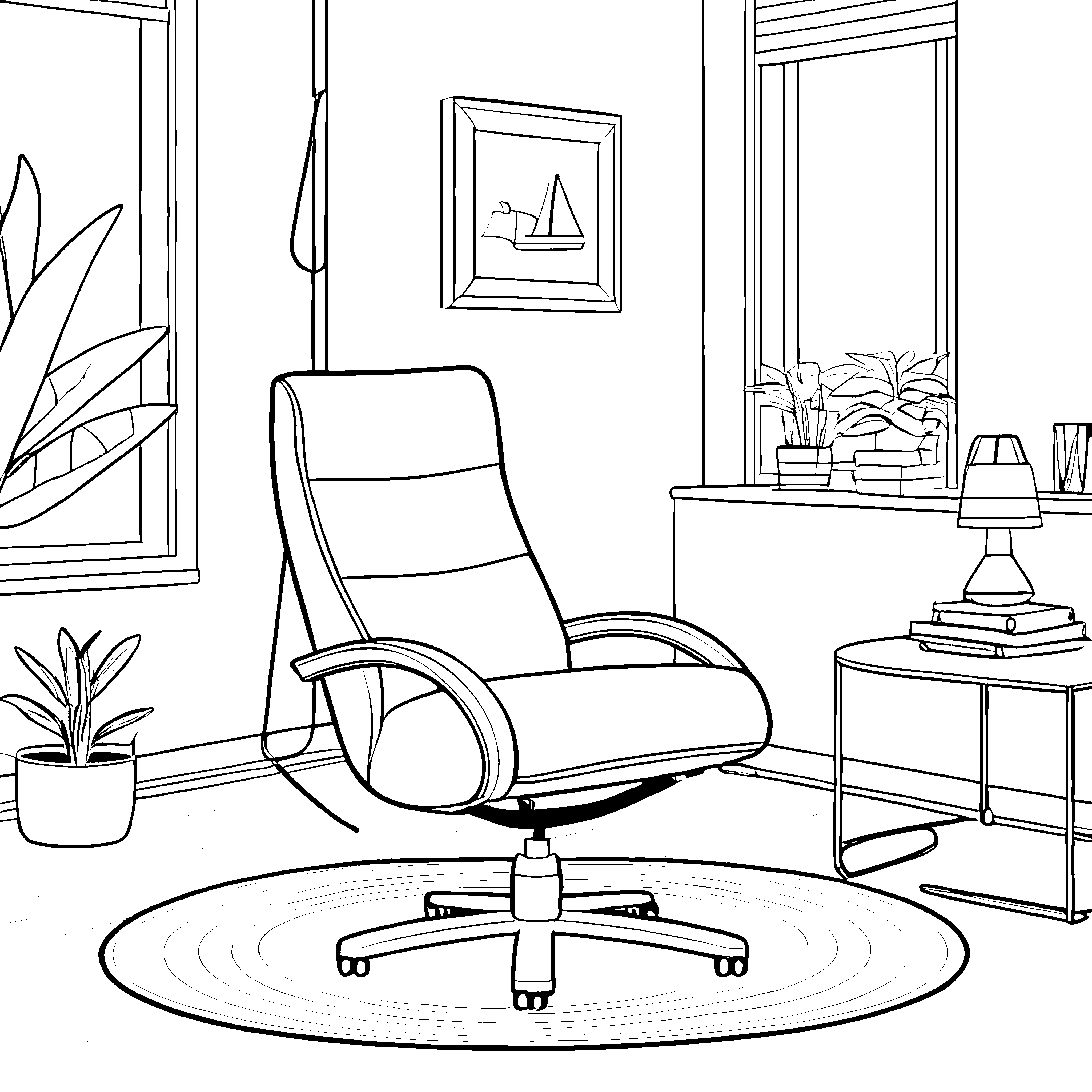 Bequemer Relaxsessel im modernen Wohnraum Ausmalbild für entspannte Künstler