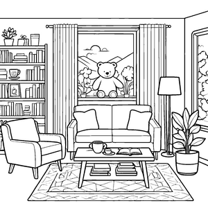 Zuhause im gemütlichen Wohnzimmer mit einem fröhlichen Bären Ausmalvorlage für kleine Entdecker