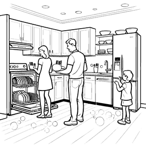 Spritzige Spülmaschinen-Szene mit fröhlicher Familie Ausmalvorlage für kleine Haushelden