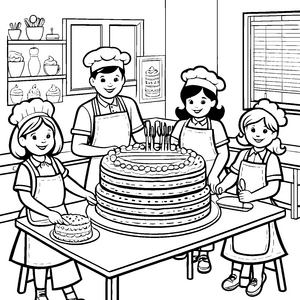 Fantasievolle Kinder backen einen riesigen Kuchen Ausmalvorlage für kreative Meisterbäcker