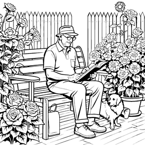 Gemütlicher Senioren-Leser auf der Gartenbank Ausmalbild für entspannte Naturfreunde