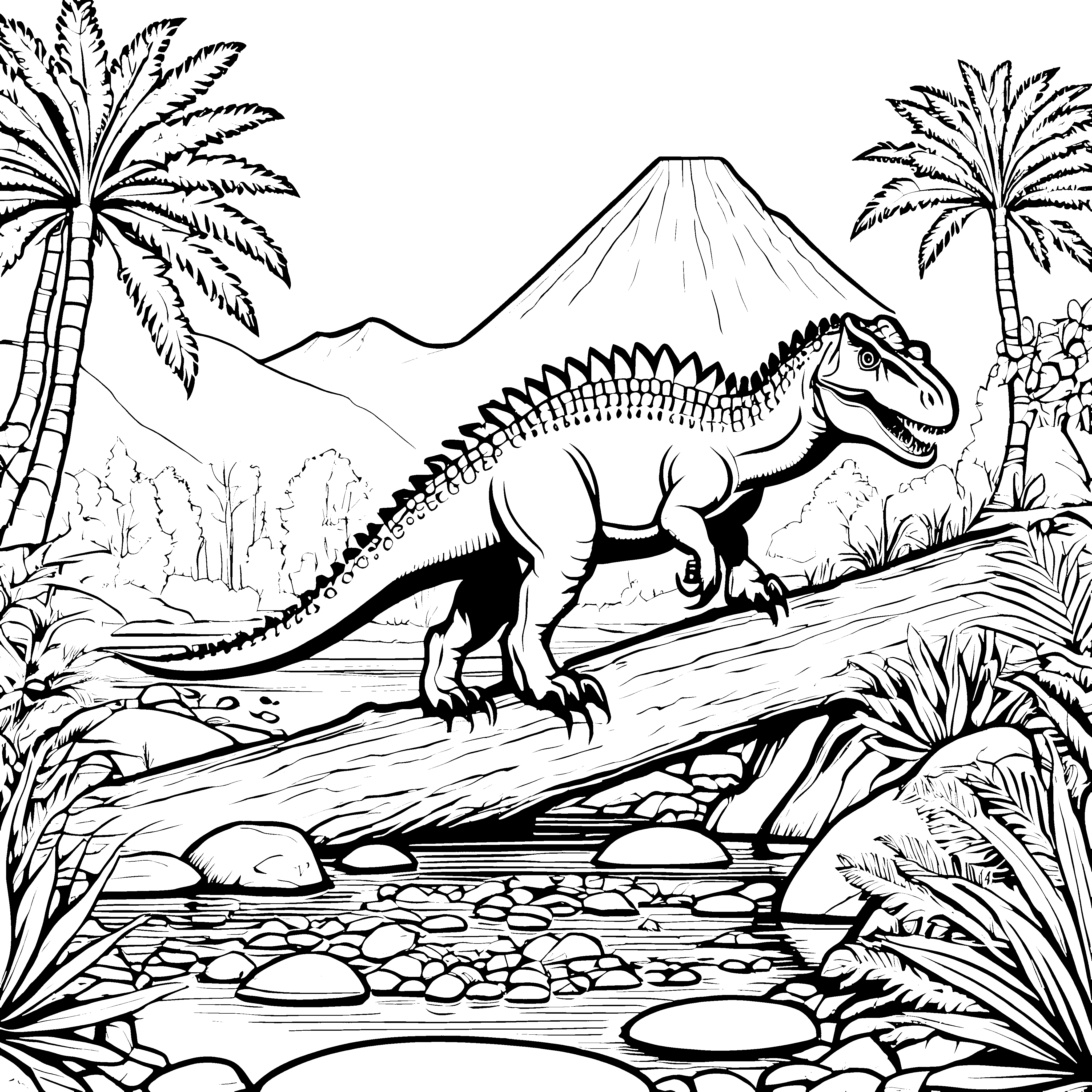 Spannender Carnotaurus auf der Baumstammbrücke Ausmalbild für junge Entdecker
