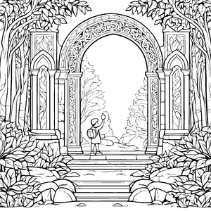 Magisches Portal im geheimen Garten Ausmalvorlage für abenteuerliche Entdecker