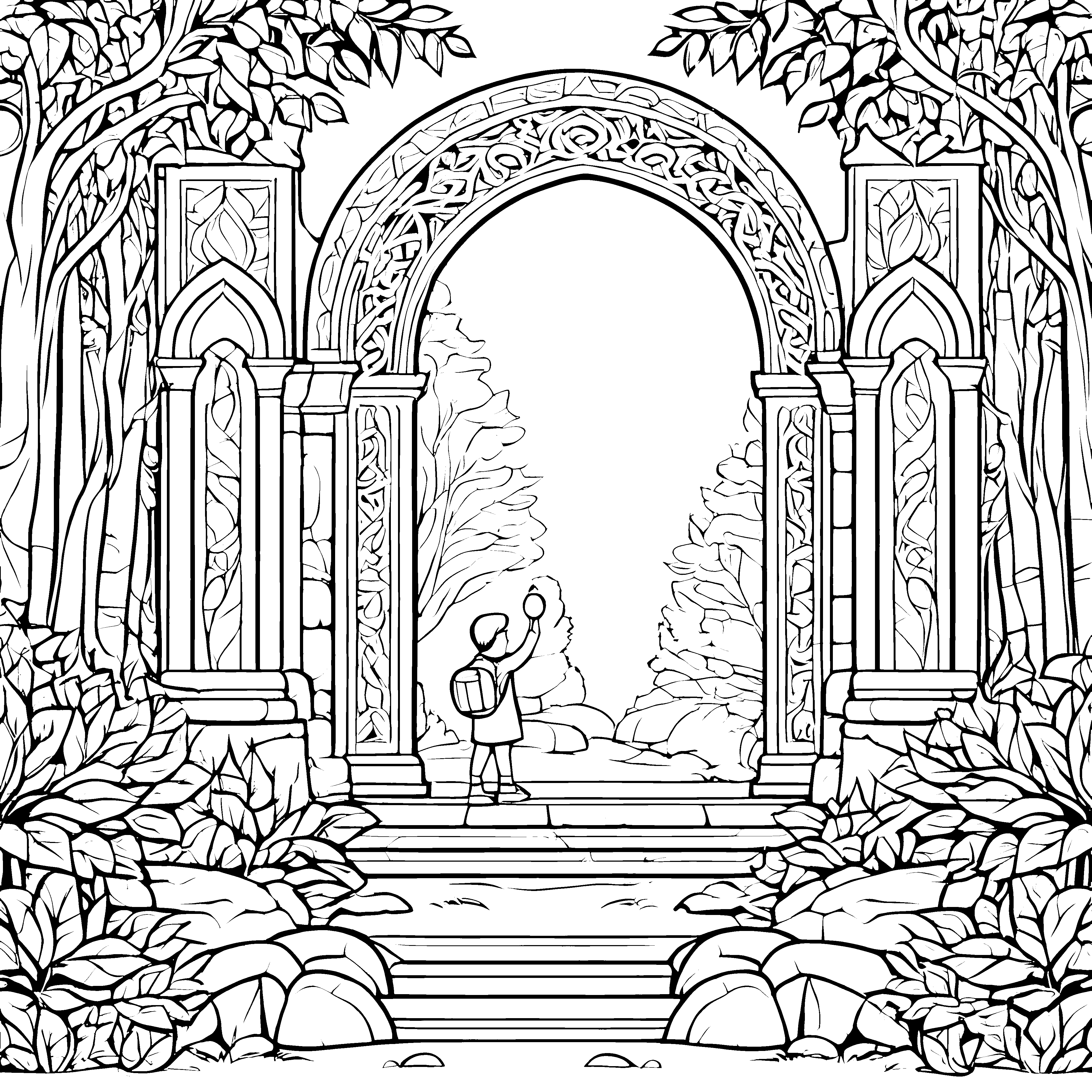 Magisches Portal im geheimen Garten Ausmalvorlage für abenteuerliche Entdecker