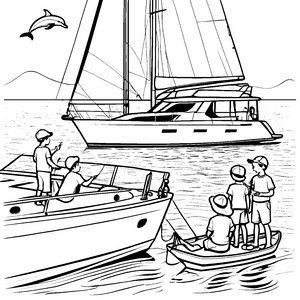 Spannende Yachtfahrt mit fröhlicher Delfinbegleitung Ausmalvorlage für kleine Abenteurer