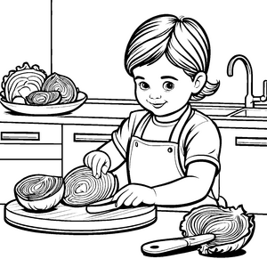 Rotkohl schneiden mit fröhlichem Küchenhelfer Ausmalmotiv für kleine Meisterköche