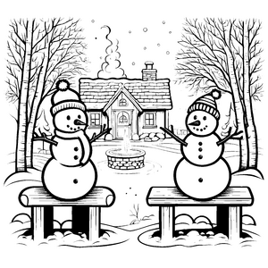 Schneemann-Freunde bei winterlicher Hütte Ausmalvorlage für fröhliche Winterkinder