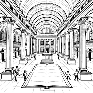 Beeindruckende Bibliothek mit geöffneter Buchseite Ausmalmotiv für wissbegierige Entdecker