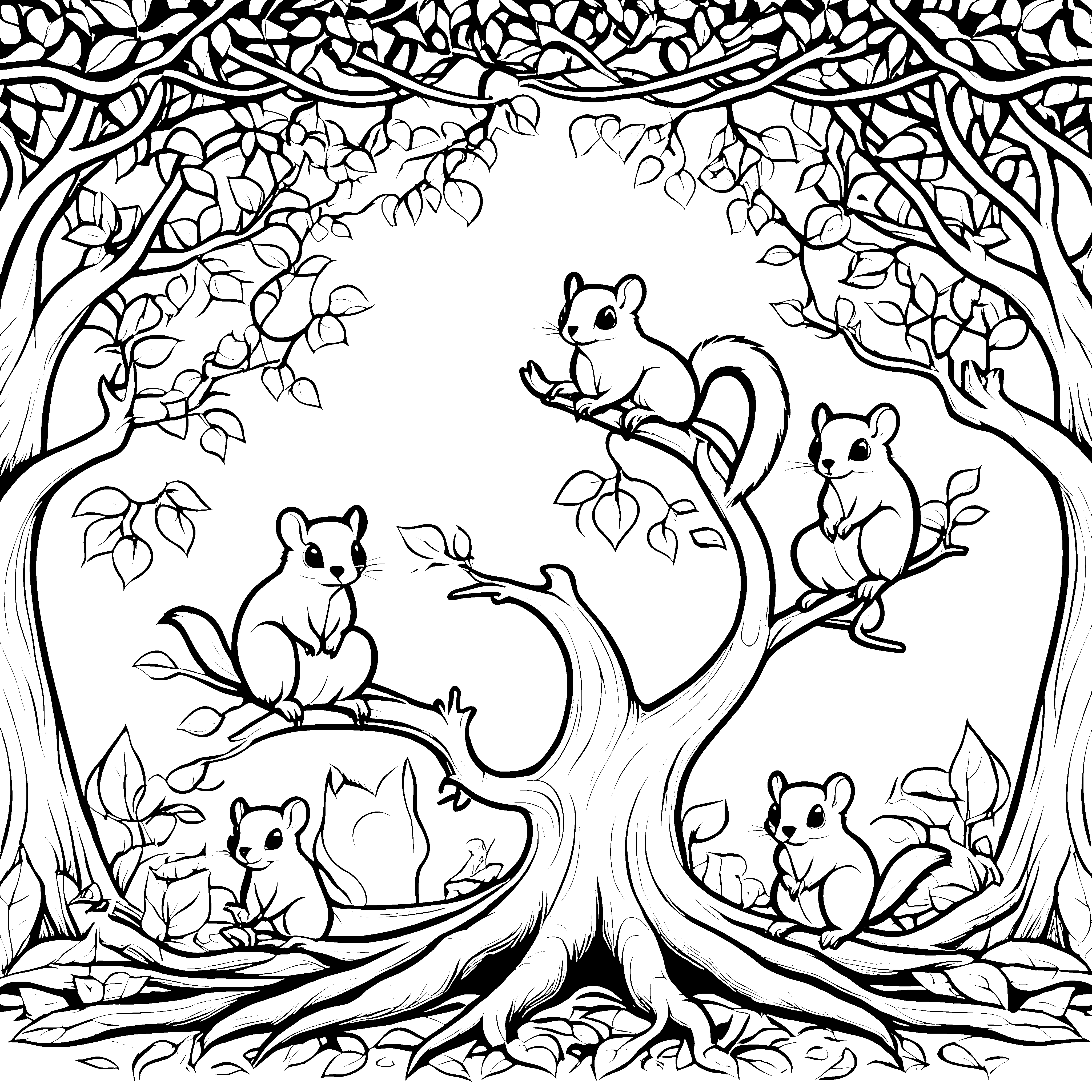 Verspielte Flughörnchen Babys im Baum Ausmalbild für kleine Naturfreunde