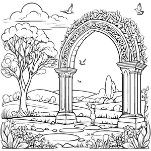 Magisches Portal in einer blühenden Landschaft Ausmalbild für neugierige Entdecker