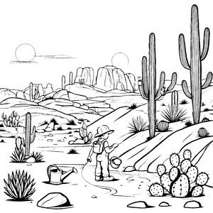 Spannende Kakteenlandschaft mit gießendem Abenteurer Ausmalbild für kleine Gartenfreunde