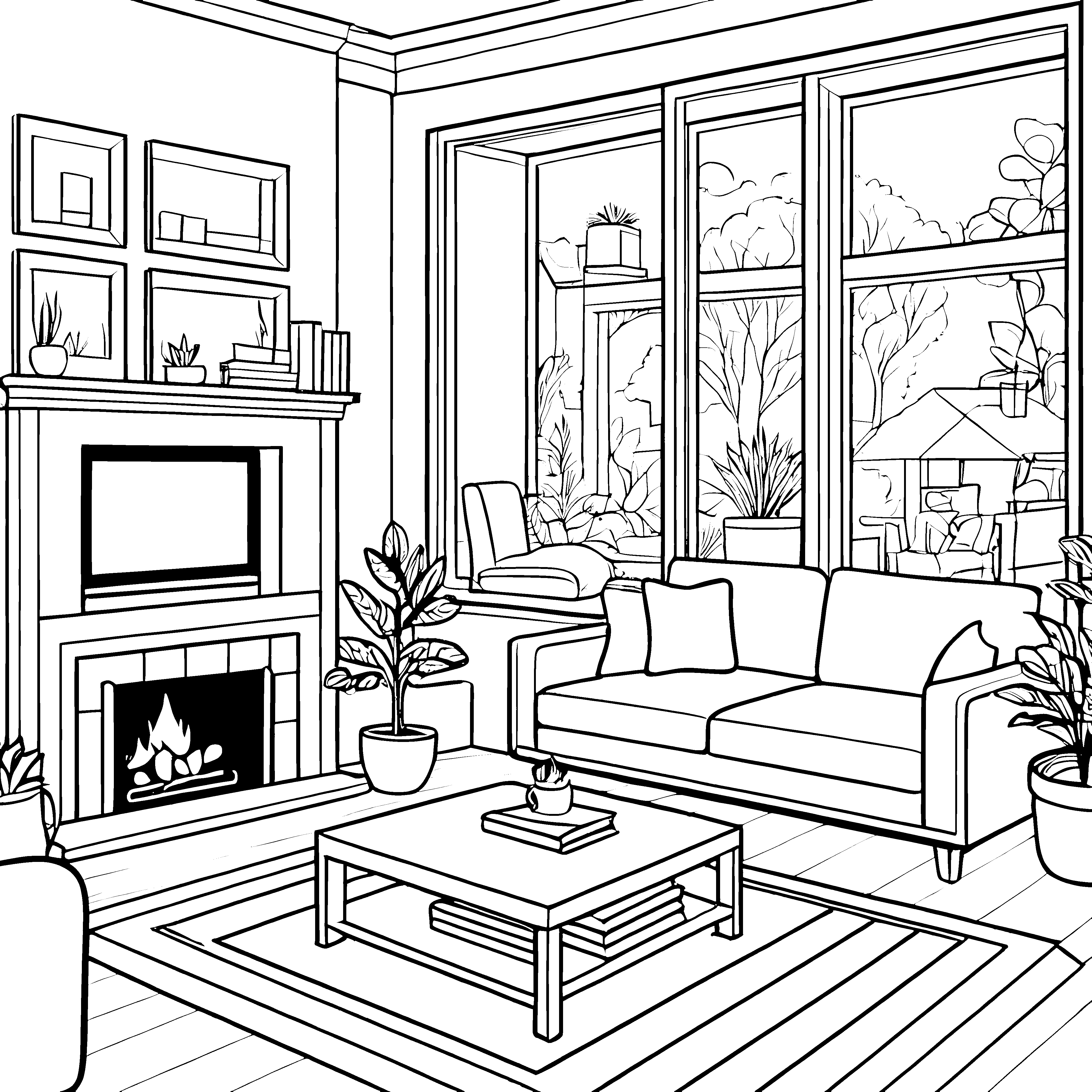 Gemütliches Wohnzimmer mit einladendem Kamin Ausmalbild für kreative Entdecker