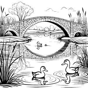 Entspanntes Entenpaar unter der malerischen Brücke Ausmalmotiv für kleine Wasserliebhaber
