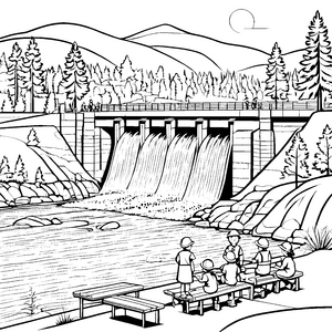 Beeindruckender Staudamm mit spritzenden Wasserfällen Ausmalvorlage für abenteuerlustige Naturfreunde