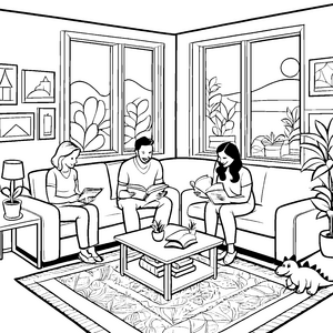 Gemütliches Wohnzimmer mit Lesemomenten Ausmalbild für kreative Entdecker