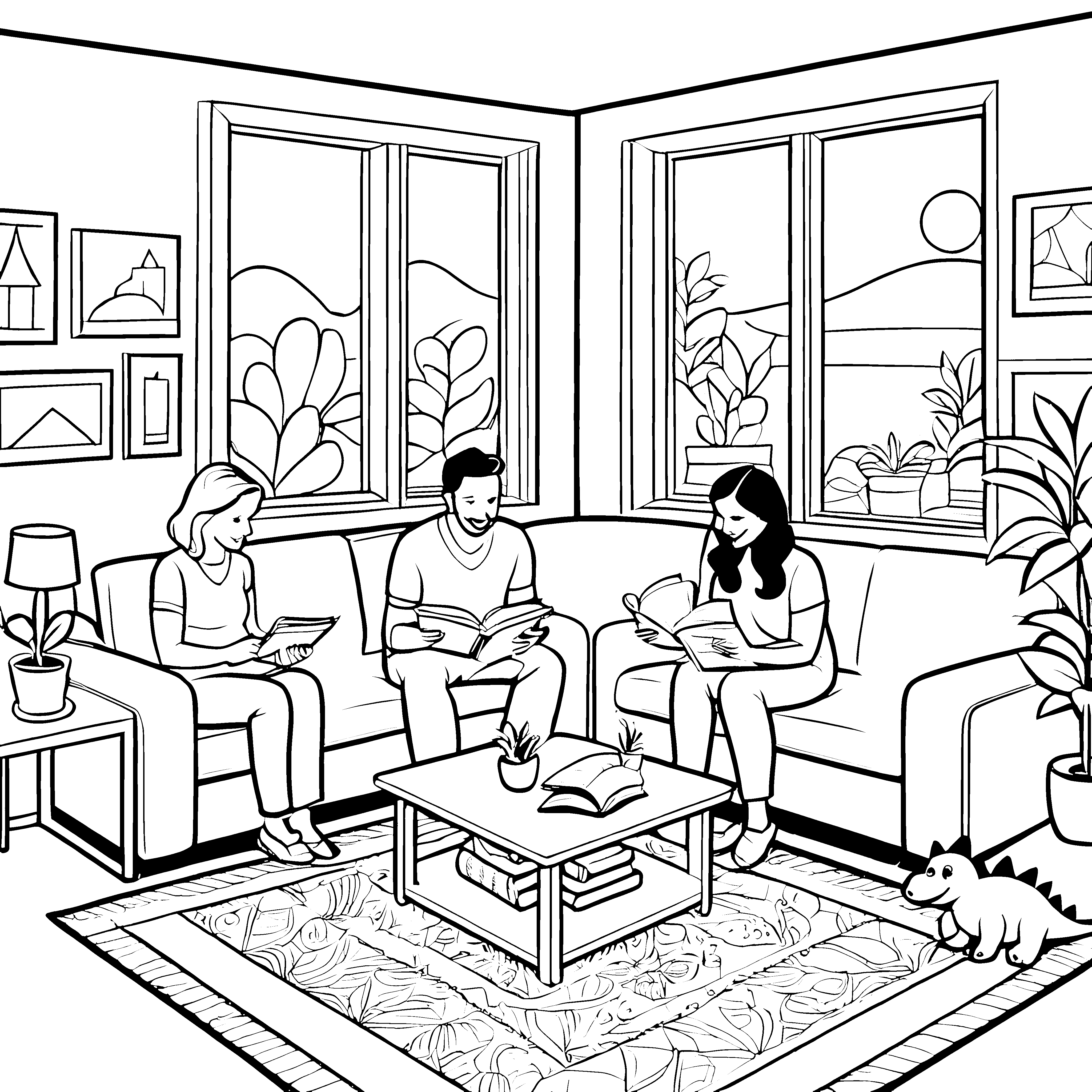 Gemütliches Wohnzimmer mit Lesemomenten Ausmalbild für kreative Entdecker