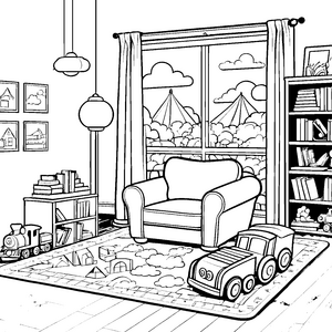 Gemütlicher Relaxsessel im bunten Kinderzimmer Ausmalbild für kleine Traumfinder