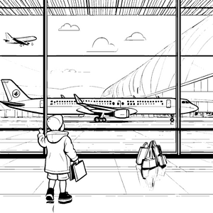 Faszination Flughafen mit gleitenden Flugzeugen Ausmalbild für neugierige Weltenbummler
