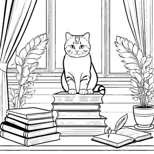 Wohlgepflegte British Kurzhaar Katze auf Büchern Ausmalbild für wissbegierige Tierliebhaber