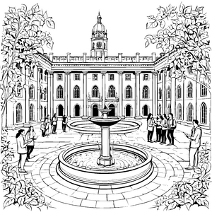 Historisches Universitätsgebäude mit sprudelndem Brunnen Malvorlage für wissbegierige Schüler