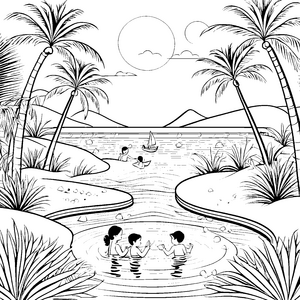 Bezaubernde Oase mit spielenden Kindern Malvorlage für kleine Wasserratten