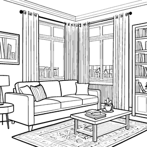 Gemütliches Wohnzimmer mit freundlichem Ausblick Malvorlage für kreative Wohnträumer