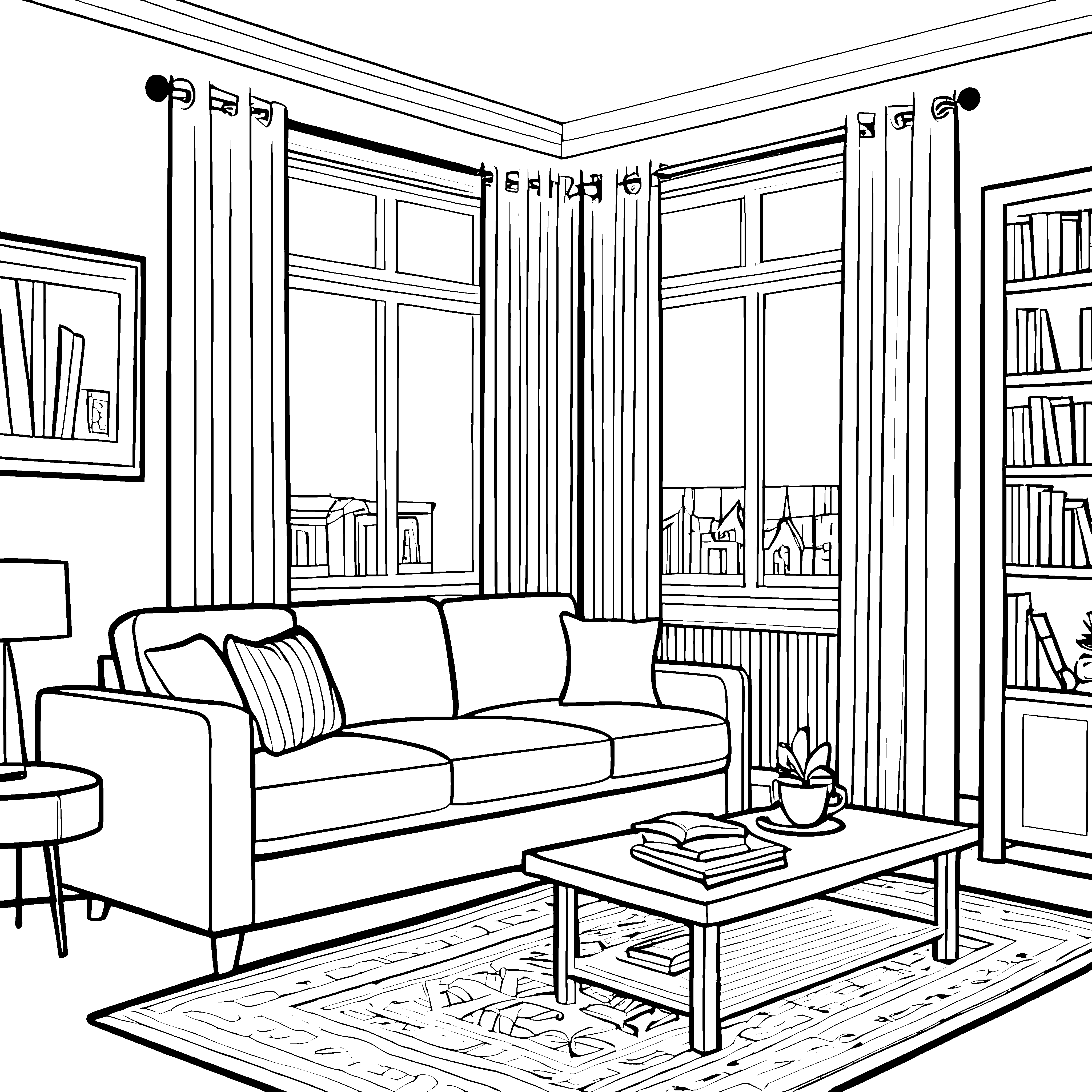 Gemütliches Wohnzimmer mit freundlichem Ausblick Malvorlage für kreative Wohnträumer