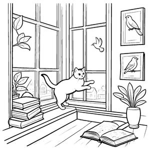 Verspielte Britisch Kurzhaar Katze am Fenster Ausmalvorlage für neugierige Katzenfreunde