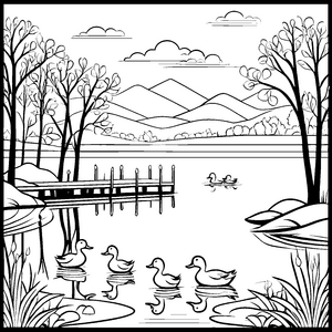 Fröhliche Enten am idyllischen See Ausmalvorlage für kleine Naturliebhaber