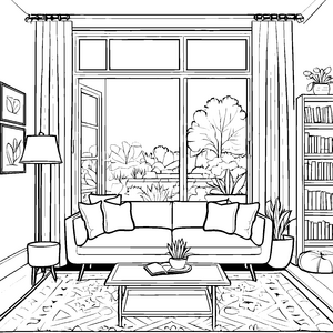 Bezauberndes Wohnzimmer mit leuchtendem Ausblick Ausmalmotiv für kreative Wohnkünstler