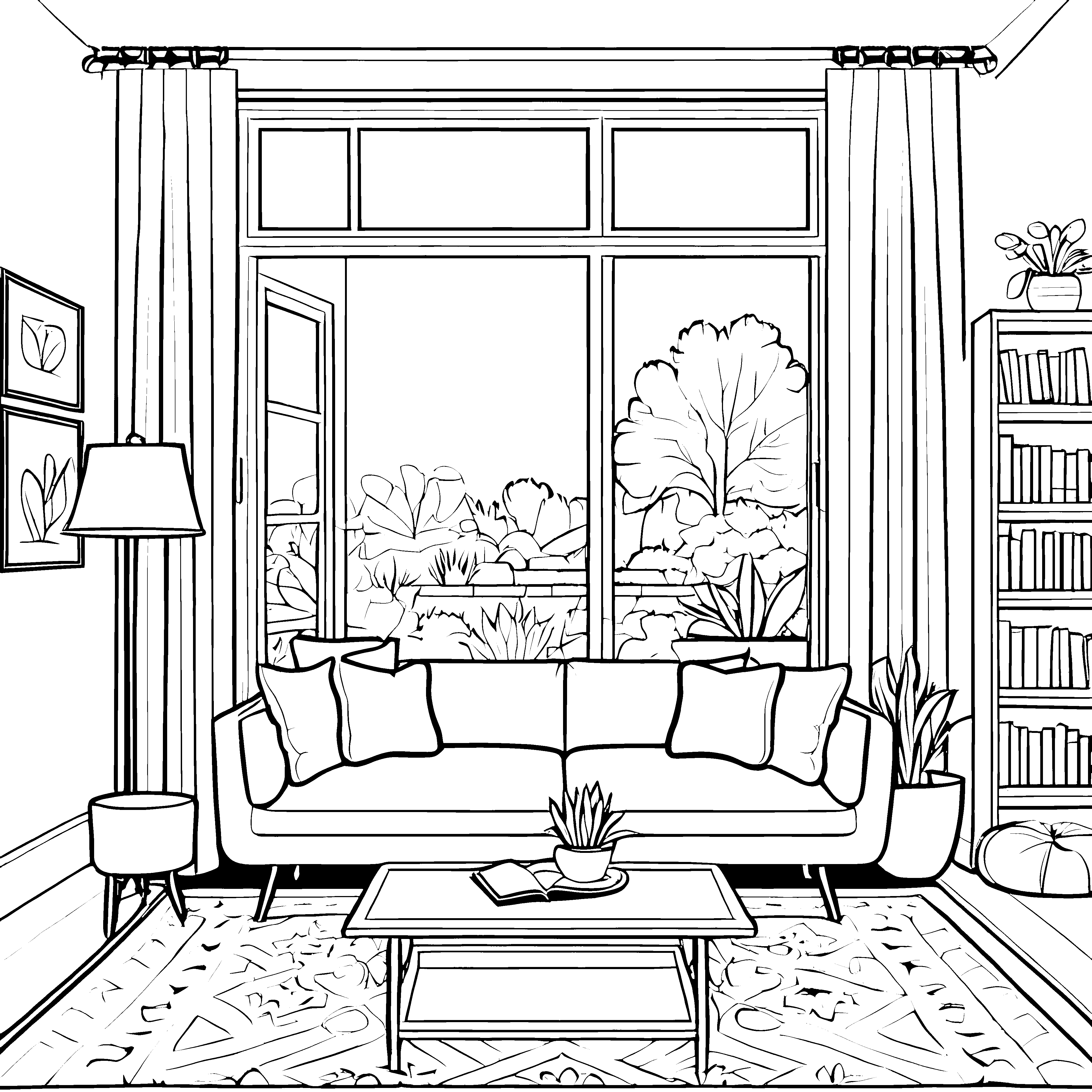 Bezauberndes Wohnzimmer mit leuchtendem Ausblick Ausmalmotiv für kreative Wohnkünstler