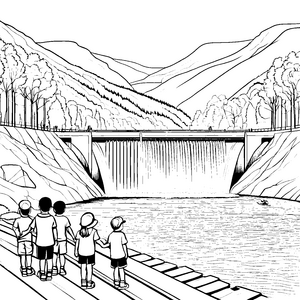 Beeindruckender Staudamm mit sprudelndem Wasser Malvorlage für neugierige Naturentdecker