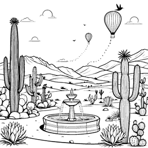 Wüstenlandschaft mit sprudelndem Brunnen und Kakteen Ausmalbild für kleine Abenteuerlustige