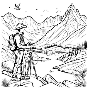 Kreativer Fotograf in atemberaubender Berglandschaft Ausmalvorlage für kleine Entdecker