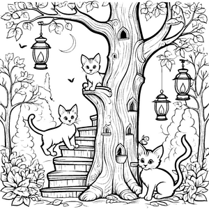 Kletternde Katzen auf der Baumtreppe Ausmalbild für abenteuerlustige Tierfreunde