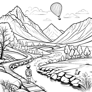 Faszinierende Berglandschaft mit Heißluftballon Ausmalvorlage für kleine Abenteuerlustige