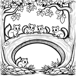Verspielte Flughörnchen-Babys auf Ästen Ausmalbild für neugierige Tierfreunde
