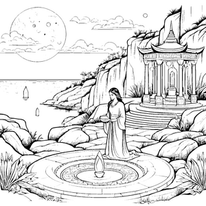 Geheimnisvolle Orakelfrau am magischen Wasser Ausmalbild für fantasievolle Entdecker