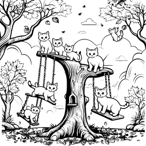 Verspielte Katzen auf Schaukel im Baum Ausmalbild für abenteuerliche Tierfreunde