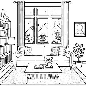 Gemütliches Wohnzimmer mit Pflanzen und Bücherregal Ausmalbild für kreative Zuhausegestalter