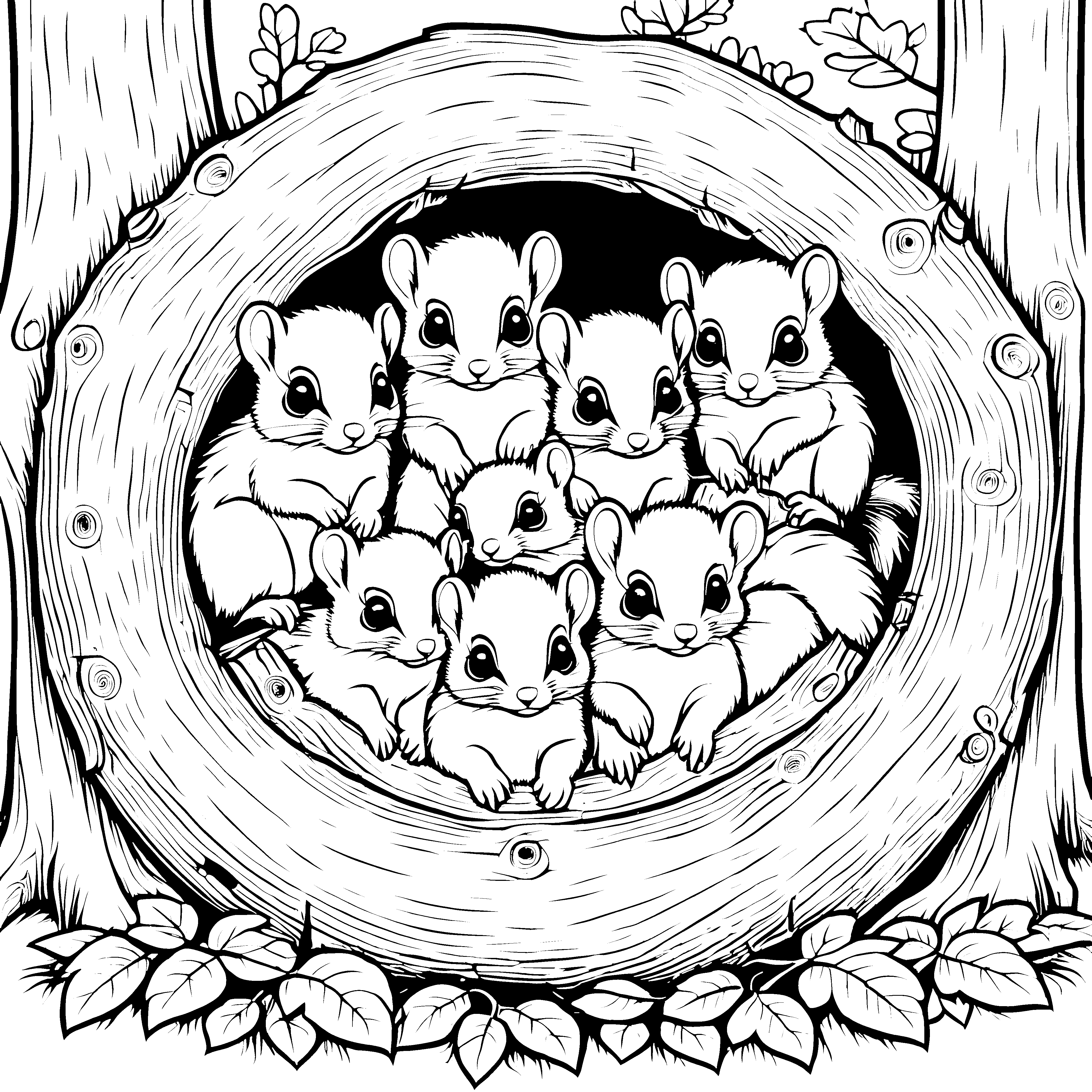 Verspielte Flughörnchen-Babys im kuscheligen Baumloch Ausmalbild für kleine Naturfreunde
