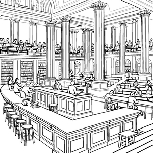 Imposante Universitätsbibliothek voller Wissen Ausmalvorlage für wissbegierige Entdecker
