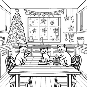 Weihnachtliche Katzen beim Plätzchenbacken Ausmalvorlage für kreative Weihnachtsfreunde