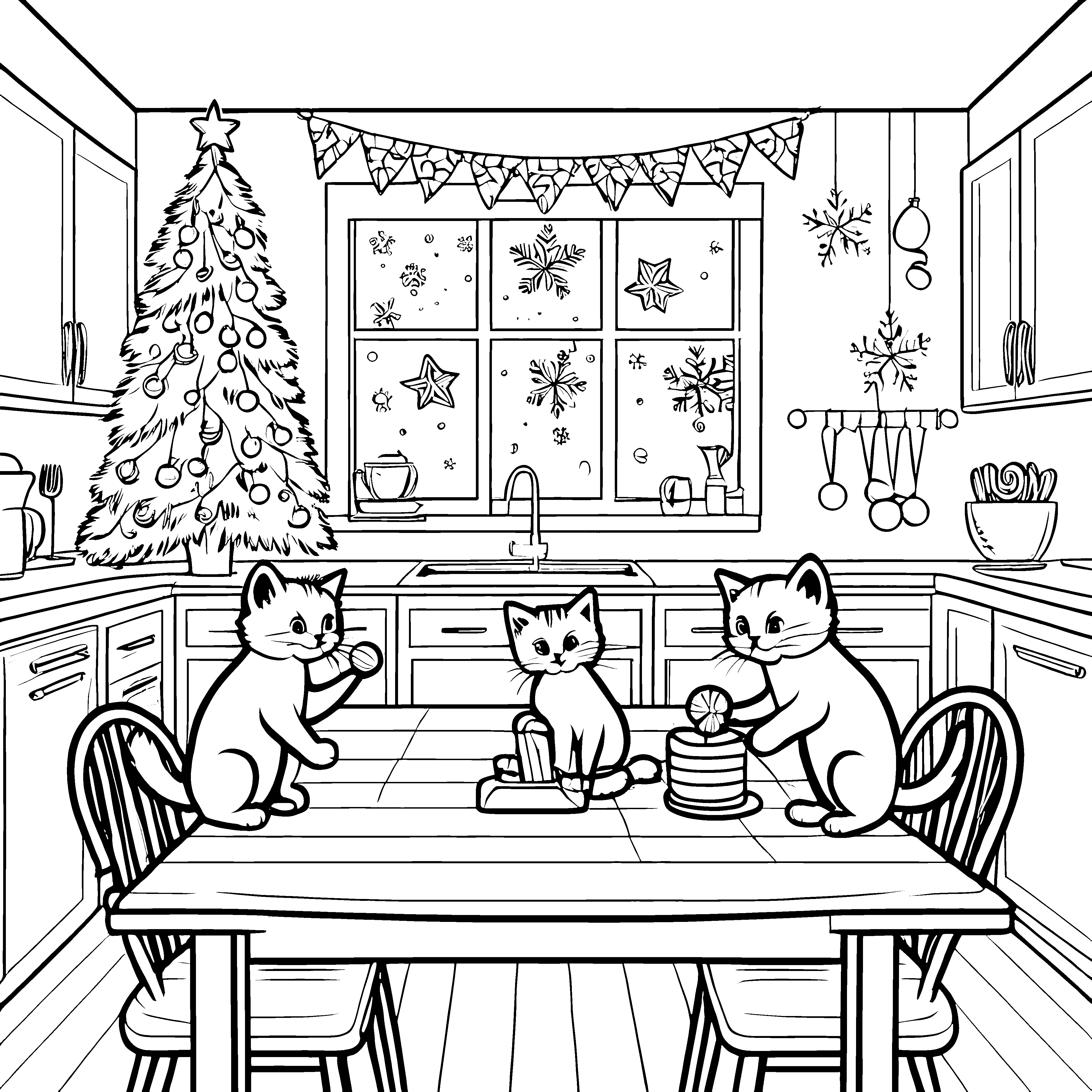 Weihnachtliche Katzen beim Plätzchenbacken Ausmalvorlage für kreative Weihnachtsfreunde