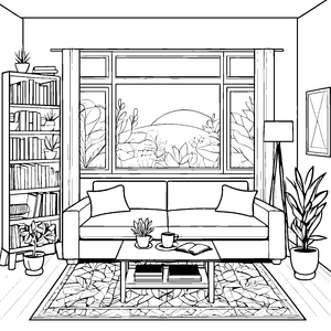 Gemütliches Wohnzimmer mit Fensterblick auf die Natur Ausmalmotiv für kreative Zuhausekünstler