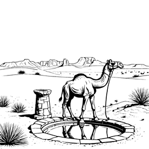 Faszinierendes Dromedar am erfrischenden Wasserbecken Ausmalbild für kleine Wüstenabenteurer