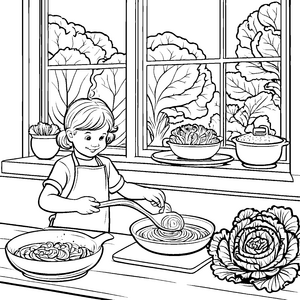 Kreatives Kind beim Kochen mit frischem Rotkohl Malvorlage für kleine Küchenchefs